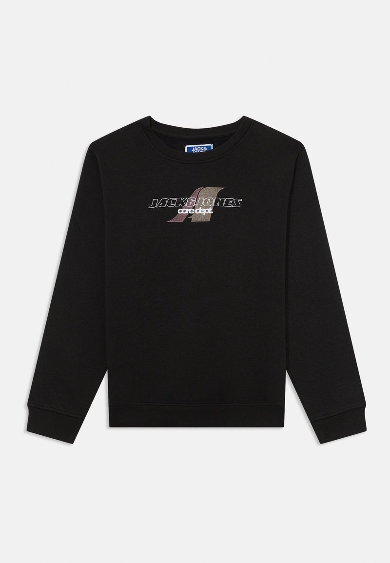 Sweatshirt preto com mangas longas apresentando um logótipo em texto gráfico nas cores branca e castanha. Feito de um tecido suave, com um decote redondo e punhos canelados.