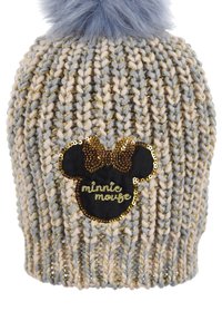 Dziergana czapka w kolorze szarym i beżowym z akcentami złotego nitka. Posiada czarną naszywkę z cekinowym wzorem Minnie Mouse oraz jasno-niebieski pompon.