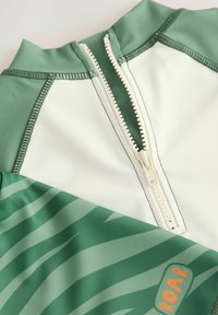 Top da bagno a maniche corte in verde e bianco, presenta una chiusura frontale con zip e un motivo a righe, realizzato in materiale liscio e elasticizzato. Accentuato con "ROAR."
