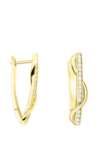 Guldörhängen med en tvinnad design och en rad små klara kristaller längs ena kanten. Slät yta med glänsande finish.