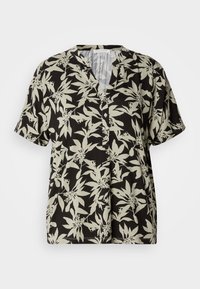 Chemise noire à manches courtes avec un motif de feuilles tropicales beige et une patte de boutonnage en V à trois boutons.