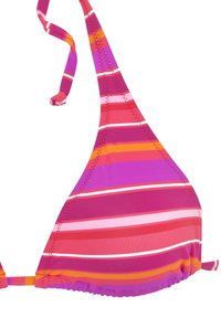 Driehoek-bikinitop met meerkleurige strepen in roze, paars en oranje, met een striksluiting en zigzagstiksels langs de randen.
