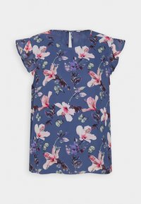 Florale kurzärmelige Bluse in Marineblau, mit pinken und lila Blumen und Schmetterlingen. Enthält einen Schlüsselloch-Rücken und Rüschensäume.