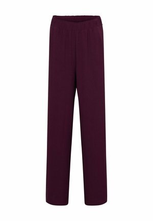 Effen donkerpaarse broek met elastische taille en rechte pijpen, weergegeven op een witte achtergrond.