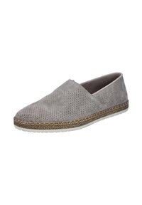 Gray suede slip-on shoe with perforated upper, woven jute midsole, and rubber outsole. Minimalist design with comfortable fit.