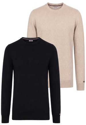 Due maglioni a manica lunga con scollo rotondo, uno beige e uno nero, mostrati su sfondo bianco con polsini e orlo a coste.