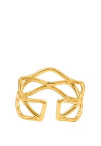 Gouden metalen ring met een open ontwerp, voorzien van in elkaar verstrengelde golvende lijnen en rechthoekige accenten. Glad oppervlak overal.