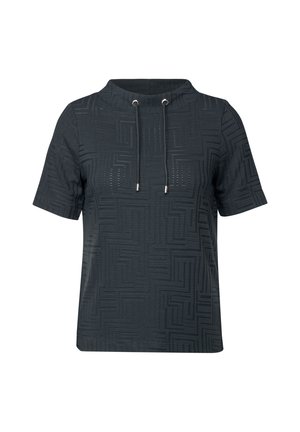 Short-sleeve, dark gray top with a textured geometric pattern. Features a high neckline and adjustable drawstring closure.