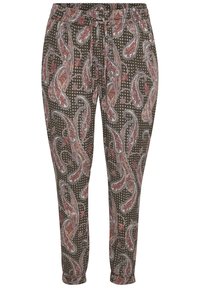 Braun gemusterte Hose mit Paisleymuster in Rot, Weiß und Blau. Verfügt über einen elastischen Bund und eine Kordel, um die Passform anzupassen.