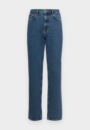 Jeanși cu talie înaltă și croială dreaptă din denim albastru închis. Au închidere cu nasture și fermoar, cinci buzunare și o textură ușor estompată.