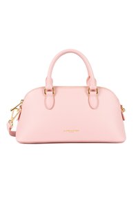 Borsa a tracolla in pelle rosa con due manici e tracolla regolabile. Accenti in metallo dorato e logo impresso sul davanti.