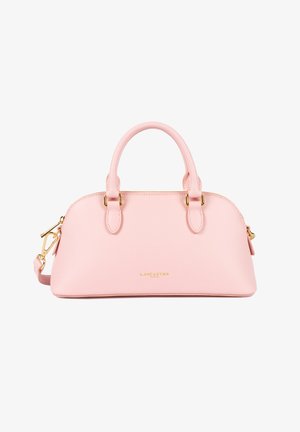Borsa a tracolla in pelle rosa con due manici e tracolla regolabile. Accenti in metallo dorato e logo impresso sul davanti.