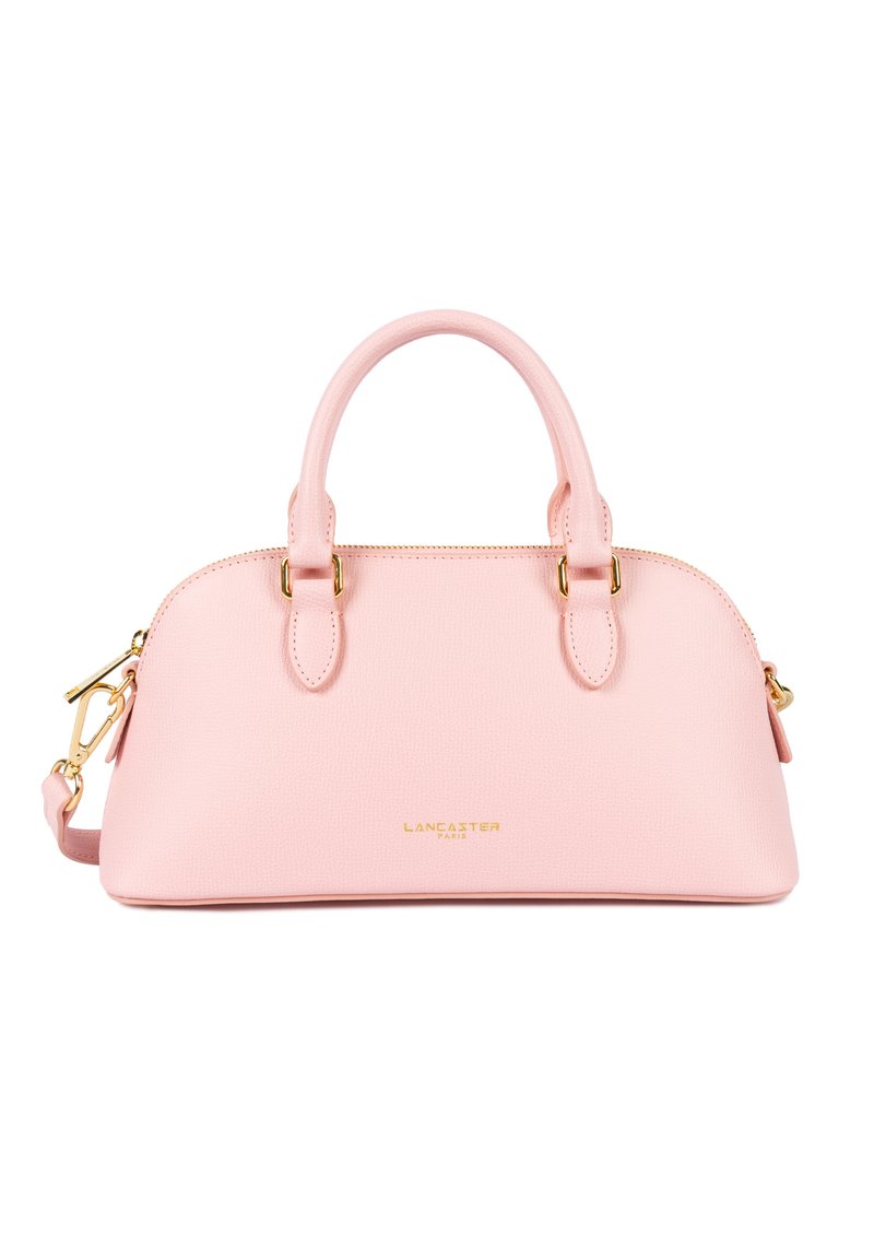 Borsa a tracolla in pelle rosa con due manici e tracolla regolabile. Accenti in metallo dorato e logo impresso sul davanti.