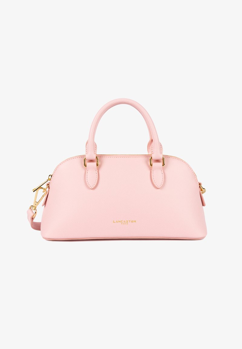 Borsa a tracolla in pelle rosa con due manici e tracolla regolabile. Accenti in metallo dorato e logo impresso sul davanti.
