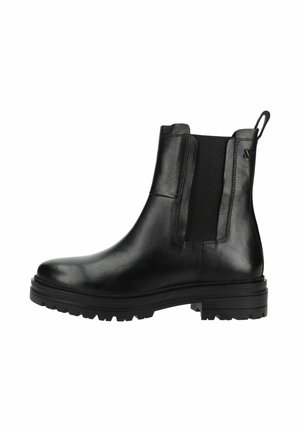 Zwarte leren Chelsea-boot met elastische zijpanelen, robuuste zool en trek lus aan de achterkant.