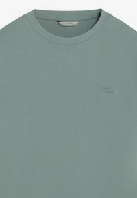 Licht turquoise kortärmelig T-shirt gemaakt van zacht katoen. Heeft een ronde hals en een subtiel geborduurd logo op de borst. Soepele textuur.