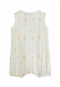 Un combinaison en coton vert clair avec un design ludique de lignes verticales et des nœuds brodés, dotée de petits accents orange et cerise.