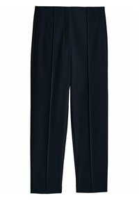 Pantalon bleu marine avec une texture lisse, comportant des plis et deux poches latérales. Design à jambe droite, sans fermetures visibles ni motifs.