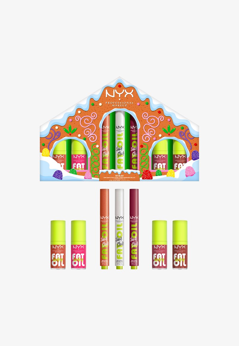 NYX-Make-up-Set mit einem Lebkuchenhaus-Design; enthält grüne, pinke und orangefarbene Lippenöle in zylindrischen Behältern. Helle Farbakzente.
