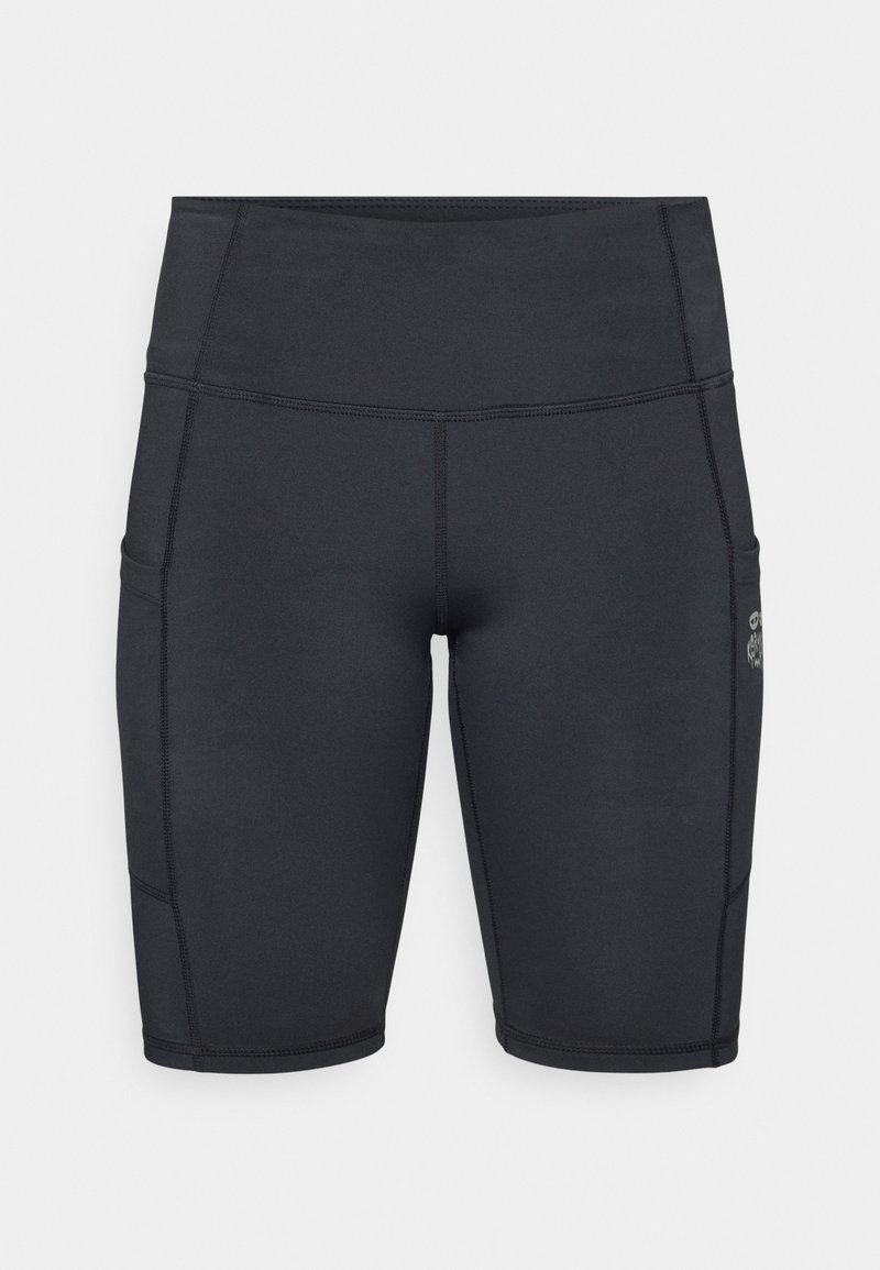 Calções de ciclismo pretos feitos de tecido elástico; apresentam bolsos laterais, uma cintura alta e costuras planas para conforto e durabilidade.