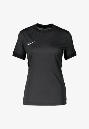 Camiseta deportiva negra de manga corta Nike con cuello redondo y logo Nike Swoosh blanco en el pecho derecho, confeccionada en tejido ligero y transpirable.