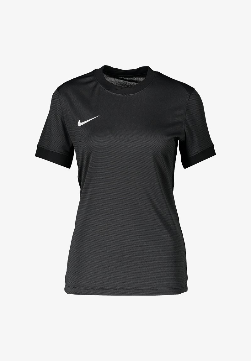 Chemise de sport Nike noire à manches courtes avec col rond et logo swoosh Nike blanc sur le côté droit de la poitrine, fabriquée en tissu léger et respirant.
