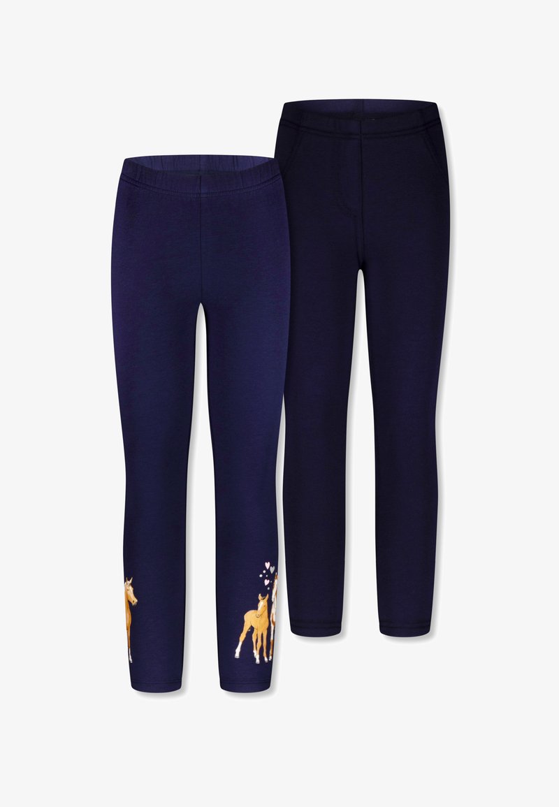 Navy leggings van zachte stof, met een paardenafbeelding en harten op één been. Het ontwerp heeft een elastische tailleband en een aansluitende pasvorm.