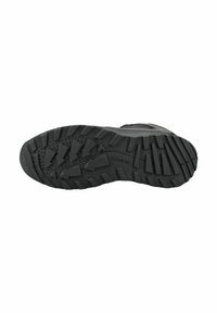 Suela de zapato de goma negra con surcos profundos, que presenta un diseño acanalado, patrones de tracción prominentes y orificios de ventilación para mayor durabilidad.