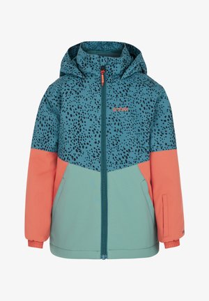 Colorful jacket featuring a hood, a turquoise top with black speckles, a coral lower section, front zipper, and side pockets.