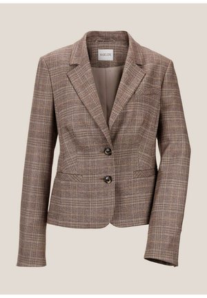 Bruine geruite blazer met een notch-kraag, twee knopen en voorzakken. Gemaakt van een gestructureerde stof, met een getailleerde pasvorm en lange mouwen.