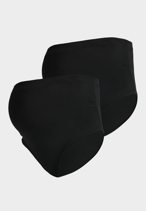 Dos bragas de maternidad negras con una cintura alta diseñadas para soportar una barriguita de embarazada, mostradas sobre un fondo claro.