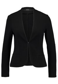 Czarna marynarka z długimi rękawami i otwartym przodem. Posiada dopasowaną sylwetkę, gładką teksturę oraz dwie przednie kieszenie. Brak widocznych elementów metalowych.