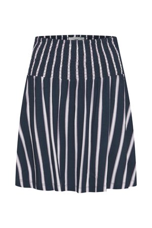 Marineblauwe rok met verticale witte en lichtroze strepen, voorzien van een smocktail en een uitlopende vorm. Gemaakt van een lichte stof.