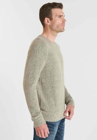 Hellgrüner, strukturierten Strickpullover mit langen Ärmeln und Rundhalsausschnitt, getragen mit blauen Jeans. Schlichtes Design, keine sichtbaren Muster oder Akzente.