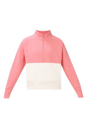 Half-zip pullover trui met een roze bovenkant, witte onderkant, lange mouwen en een opstaande kraag.