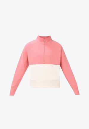Half-zip pullover trui met een roze bovenkant, witte onderkant, lange mouwen en een opstaande kraag.