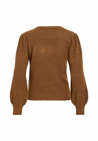 Brun strikkegenser med teksturert mønster, med lange, puffede ermer og rund hals. Bakfra vises en tettsittende kant.