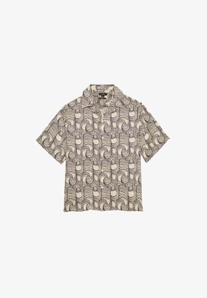 Krém színű, rövid ujjú ing tengerészkék hullámmintával, gombos elülső résszel és klasszikus gallérral. Pamut keverék anyag.