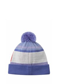 Knit beanie with a purple pompom, featuring horizontal stripes in light blue, dark blue, and white. Ribbed cuff at the bottom.