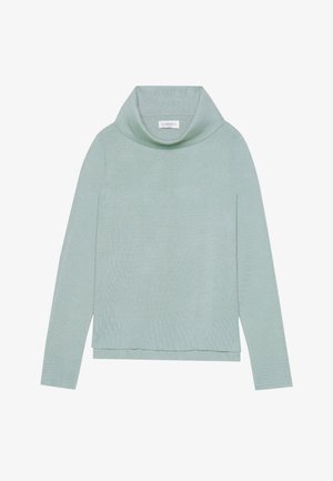 Világos zöld, hosszú ujjú pulóver, cseppnyakú, bordás textúrával és laza fazonnal. Egyenes szegélye és minimális logózása van.