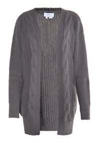 Grauer Cardigan mit offener Front aus Strickstoff. Mit Zopfmuster-Details, gerippten Bündchen und strukturierter Innenseite. Lässig und im Oversize-Design.
