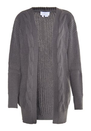 Harmaa auki oleva kardigan, joka on valmistettu neulotusta kankaasta. Koulu neule yksityiskohtien, ribattu hihansuut ja teksturoitu sisus. Rentoa ja ylisuurta muotoilua.