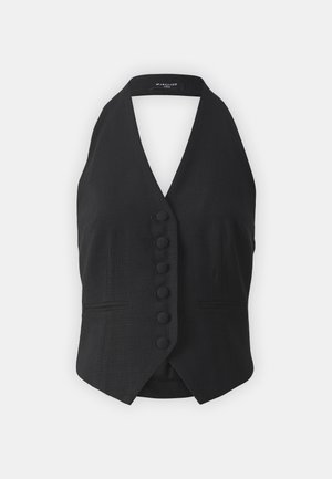 Vest negru cu guler halter dintr-un material texturat, având șase butoane acoperite cu țesătură în față și buzunare laterale.