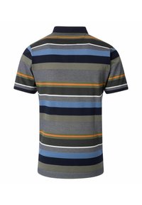 Short-sleeve polo shirt featuring horizontal stripes in navy, blue, green, and orange, with a collar and textured fabric.