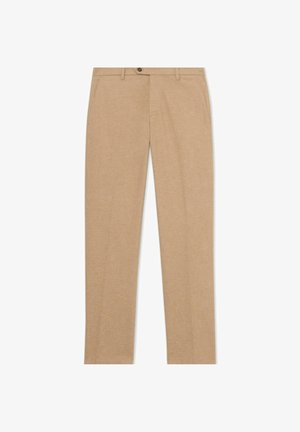 Pantalons beiges ajustés avec une coupe droite. Fabriqués en tissu texturé, avec une fermeture à bouton à l'avant et des poches latérales.