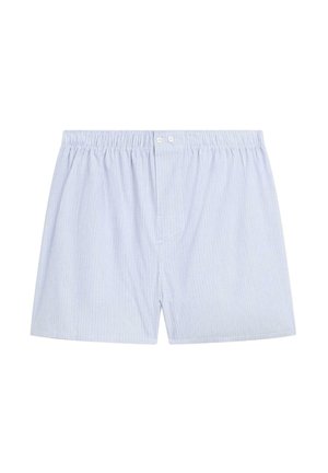 Ljusblå randiga boxershorts av mjukt tyg med resår i midjan, knäppning med knappar och en avslappnad passform.