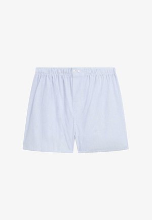 Světle modré proužkované trenýrky z měkké látky s elastickým pasem, s knoflíkovou légou a volným střihem.