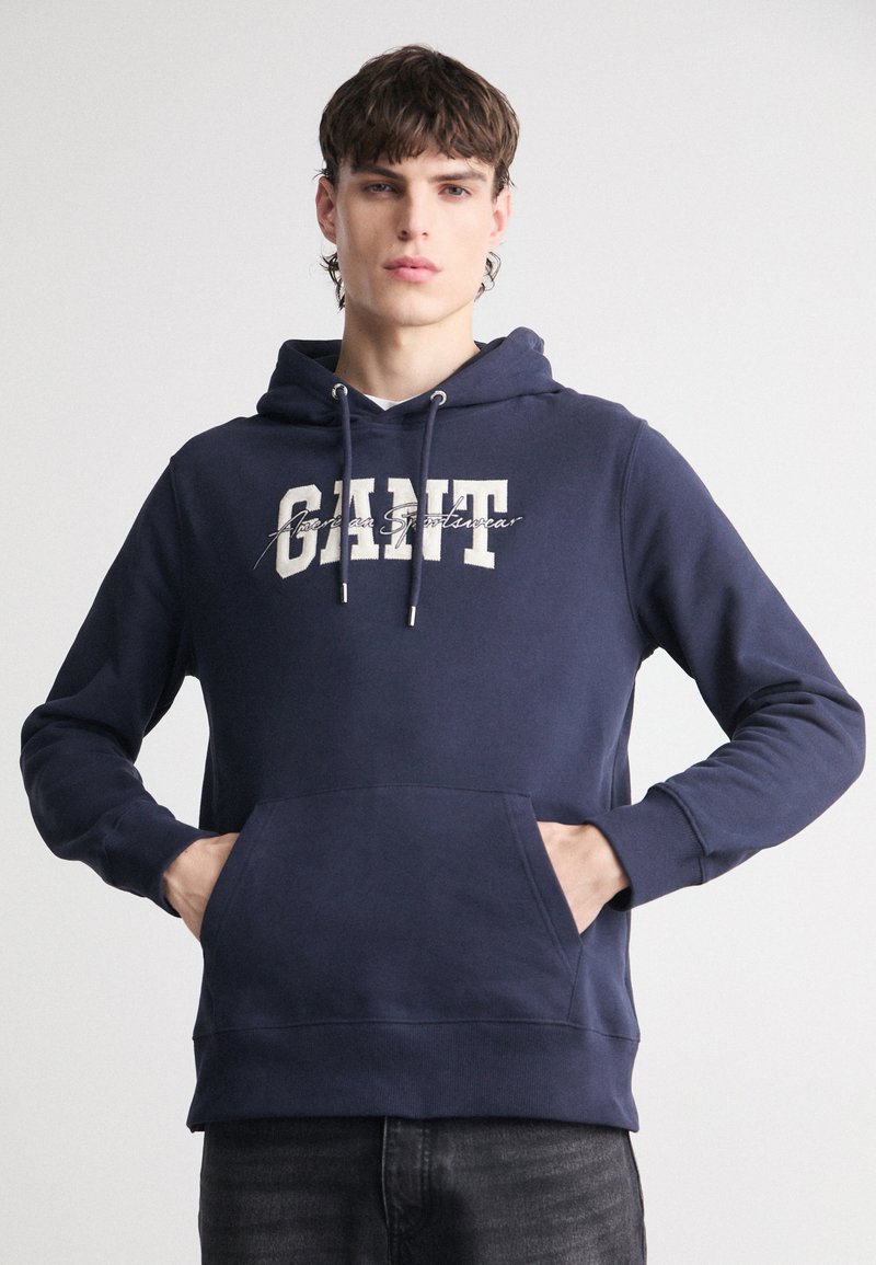 Mens Drop Shoulder Arch Script Hoodie Dark Sapphire Navy