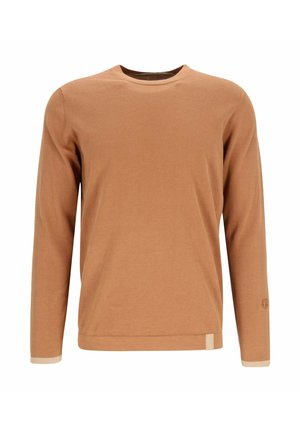 Brauner Langarm-Pullover mit Rundhalsausschnitt und beigen Abschlüssen an Bündchen und Saum, auf weißem Hintergrund dargestellt.