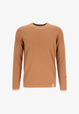 Brown long-sleeve crewneck sweater with beige trim on cuffs and bottom hem, displayed on a white background.